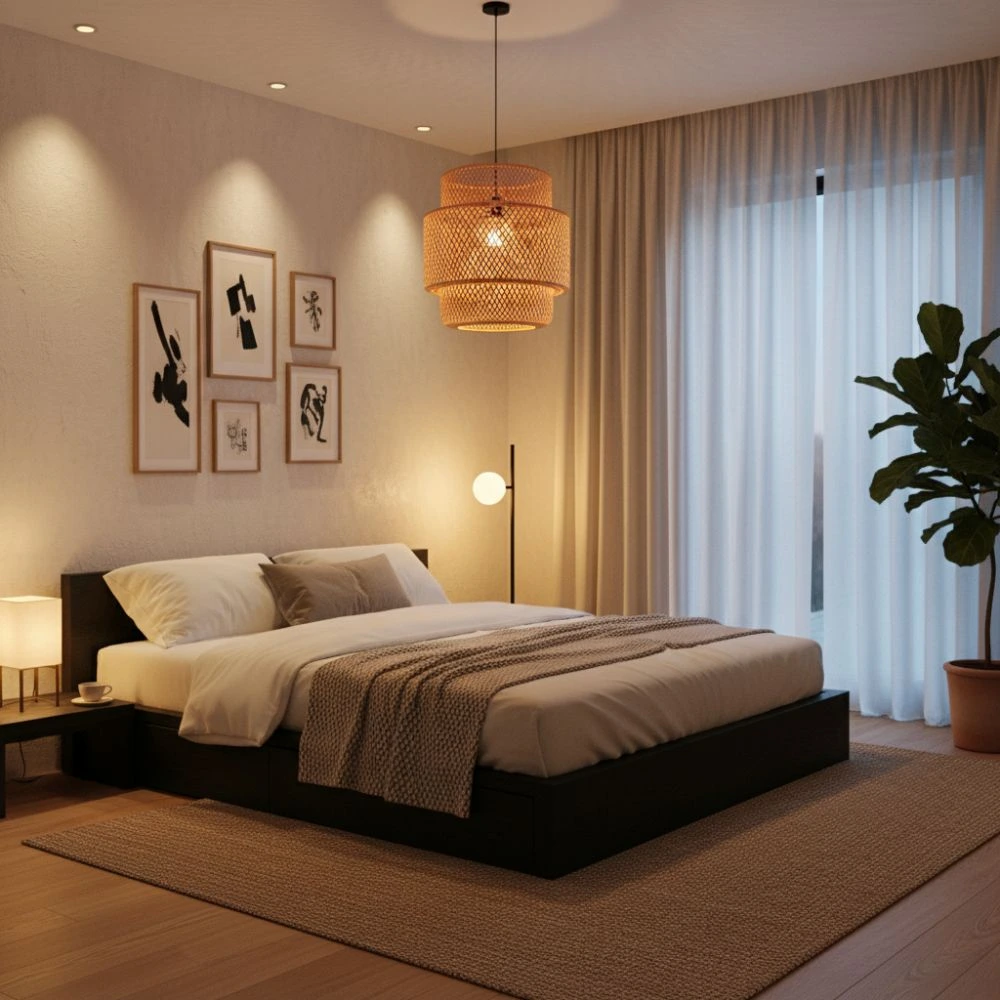 Peaceful Japandi Bedroom with Warm Lighting and Natural Textures